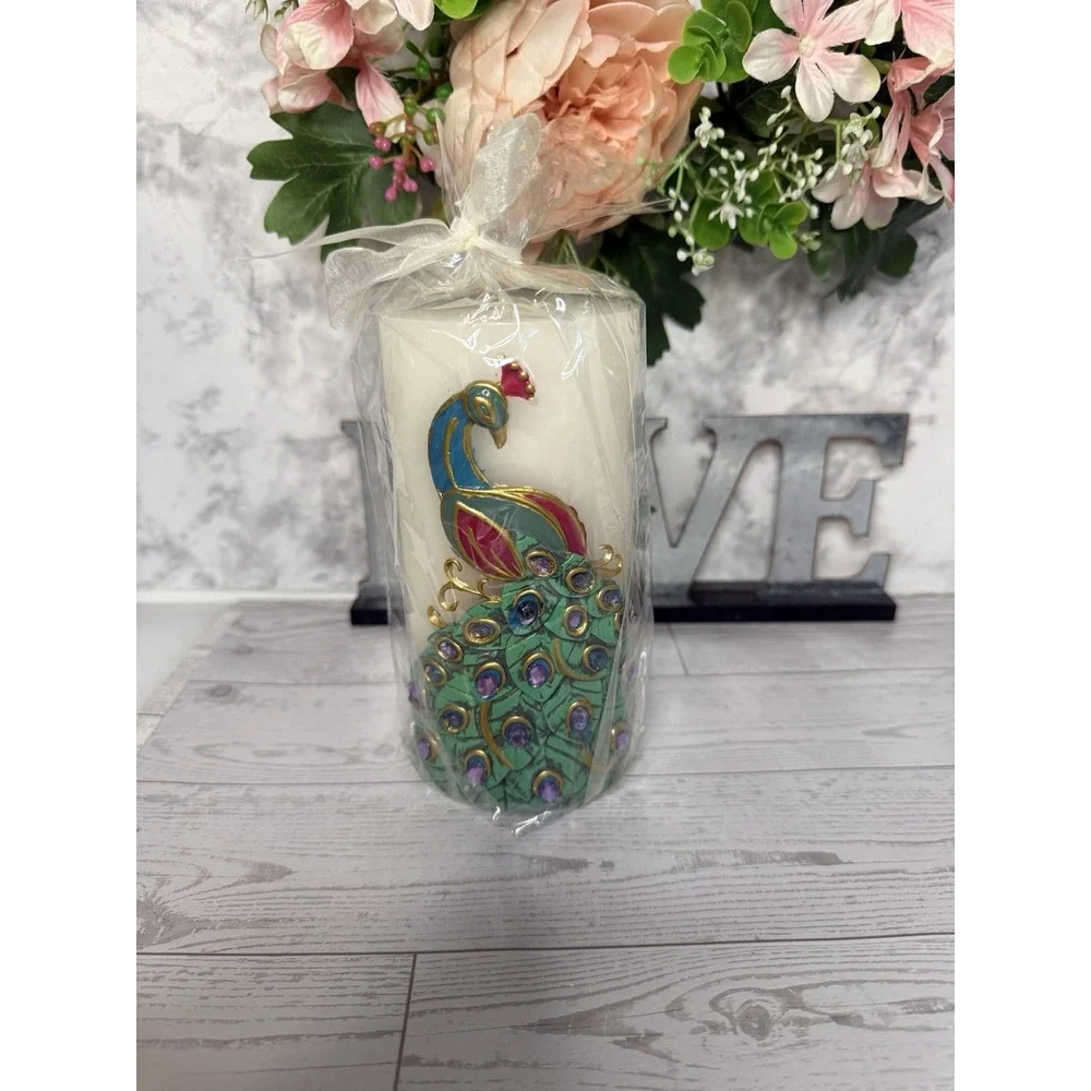 Vintage‎ Pier 1 Imports Peacock Candle Rhinestone Feather Pillar Home Décor Gift